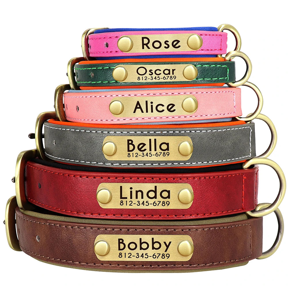 Quality Faux Leather Dog Collar Leash Set - Customize, Engrave, Name Tag