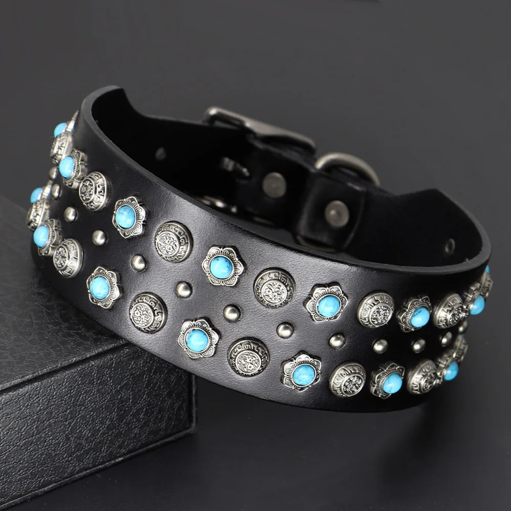 Wide Luxury Genuine Leather Dog Collar for Large Dogs - Durable Metal Cool