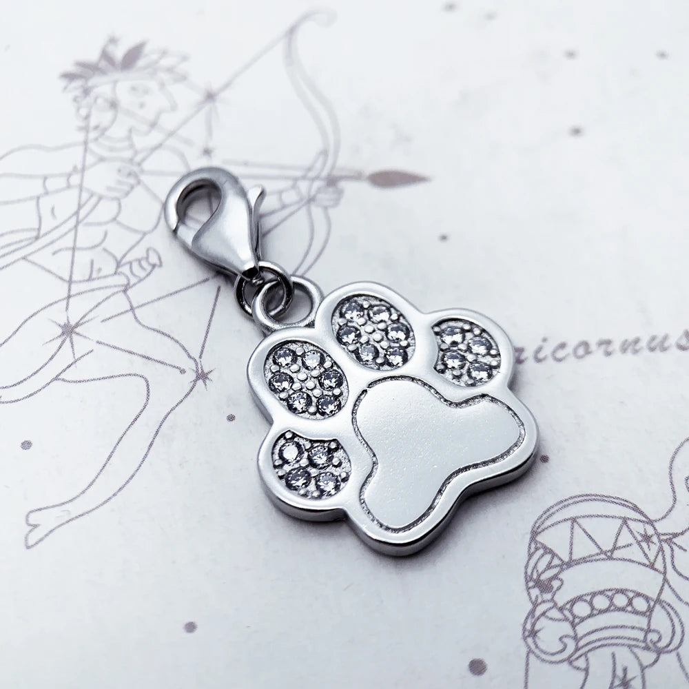Cubic Zirconia 925 Sterling Silver Pendant with Cat Dog Paw Footprint