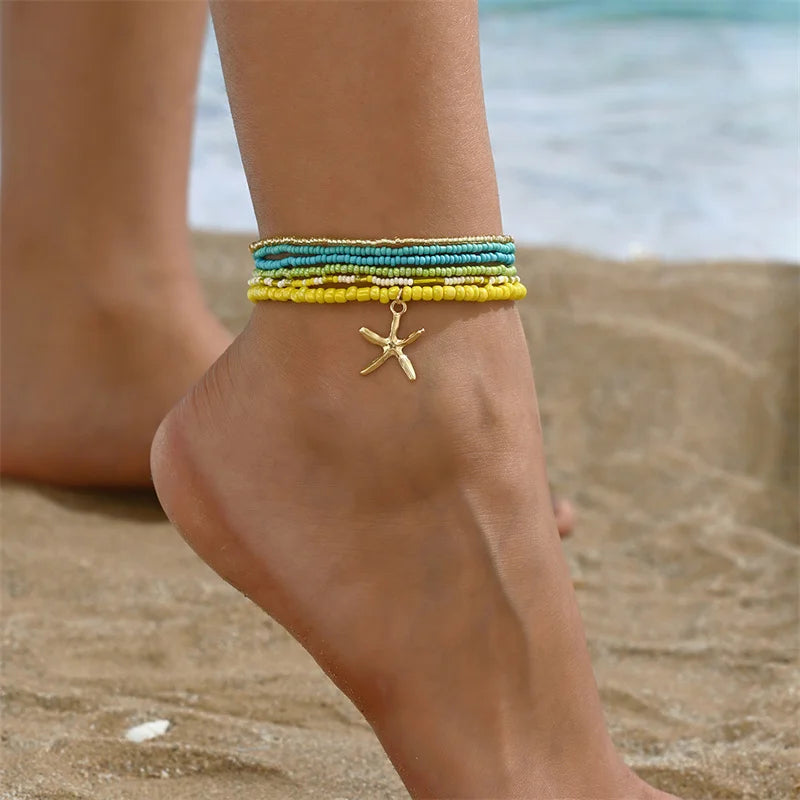 Bohemia Multilayer Rice Bead Starfish Summer Anklet Set - Choose Yours