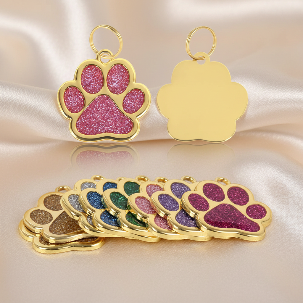 Gold Tone Stainless Steel Dog Cat Paw Print ID Name Tag