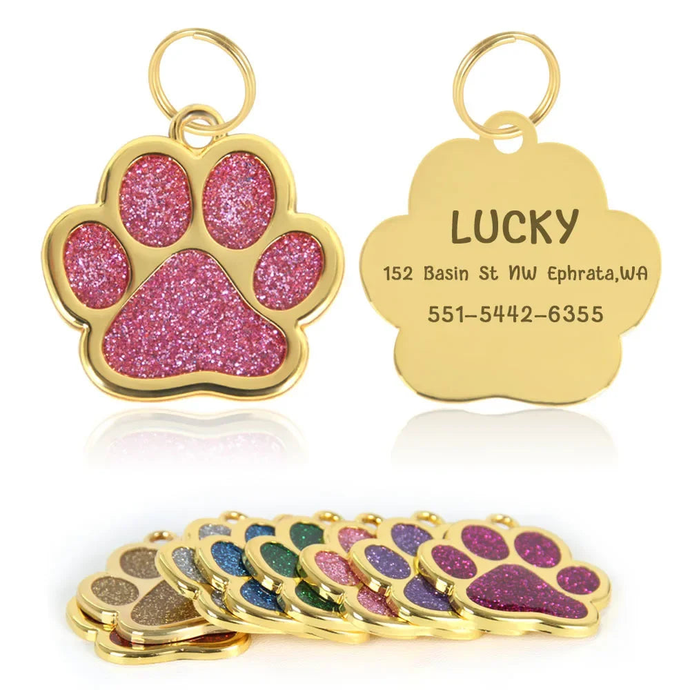 Gold Tone Stainless Steel Dog Cat Paw Print ID Name Tag
