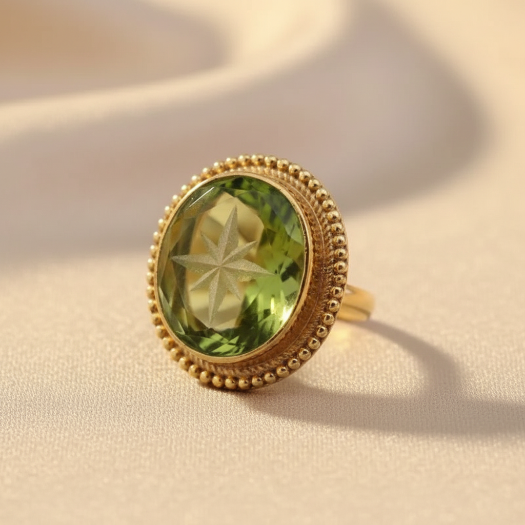 Vintage Inspired Green Large Stone Ring in Round Alloy Setting