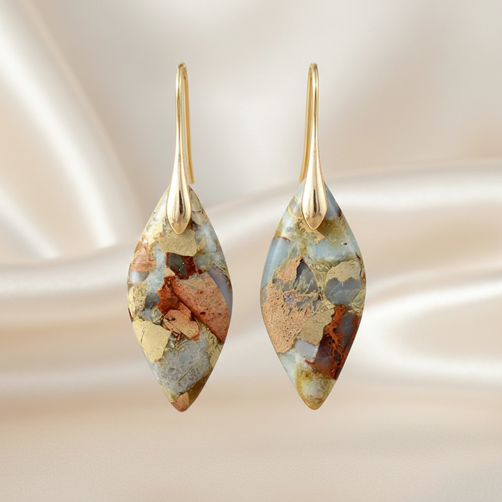 Bohemia Gold Plated Multicolored Natural Stone Leaf Shaped Earrings