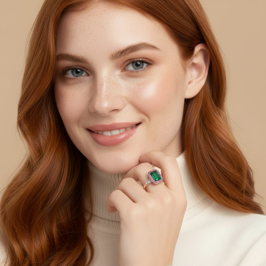 Green & Pink Zircons Cocktail Ring in 925 Sterling Silver