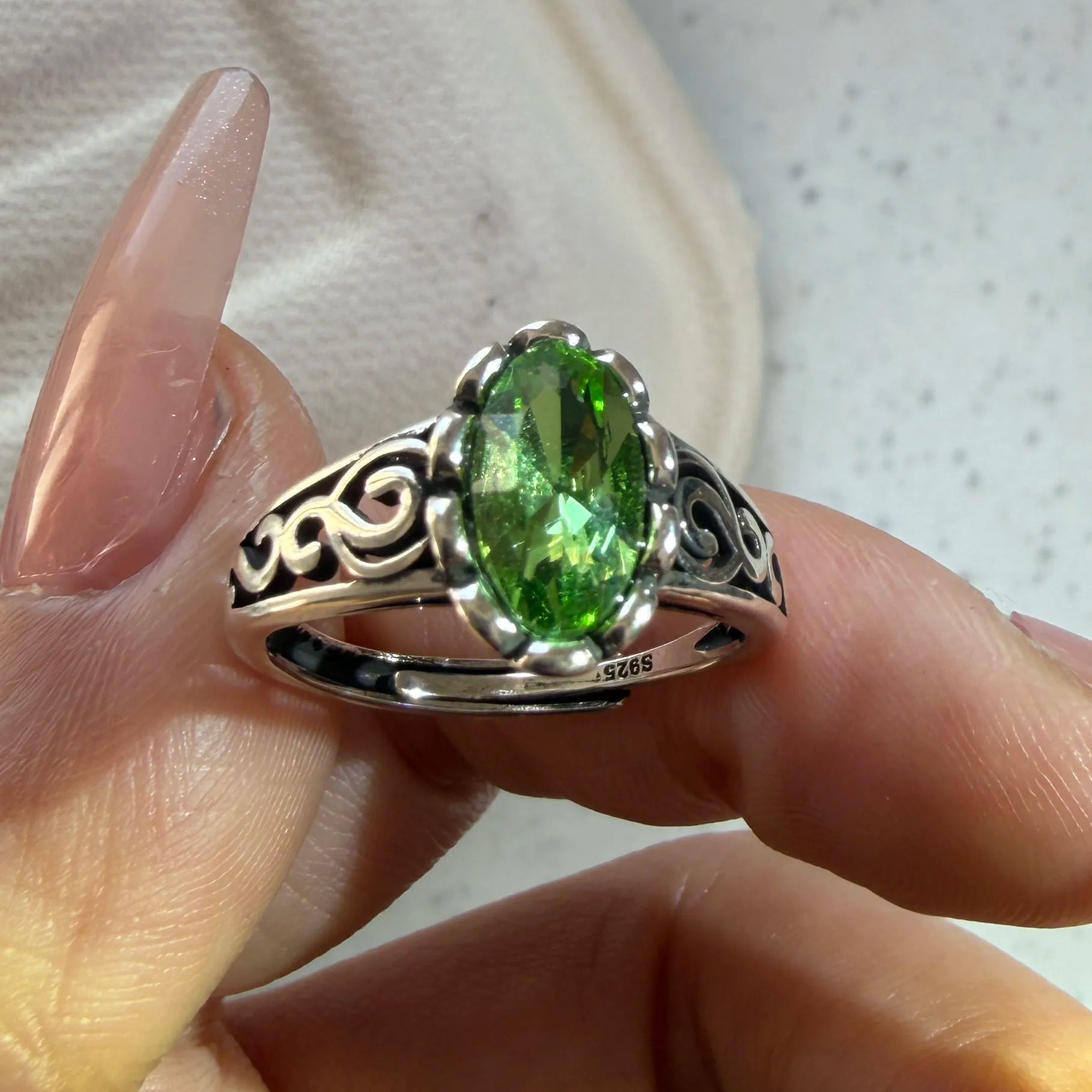 925 Sterling Silver Green CZ Stone Ring Adjustable