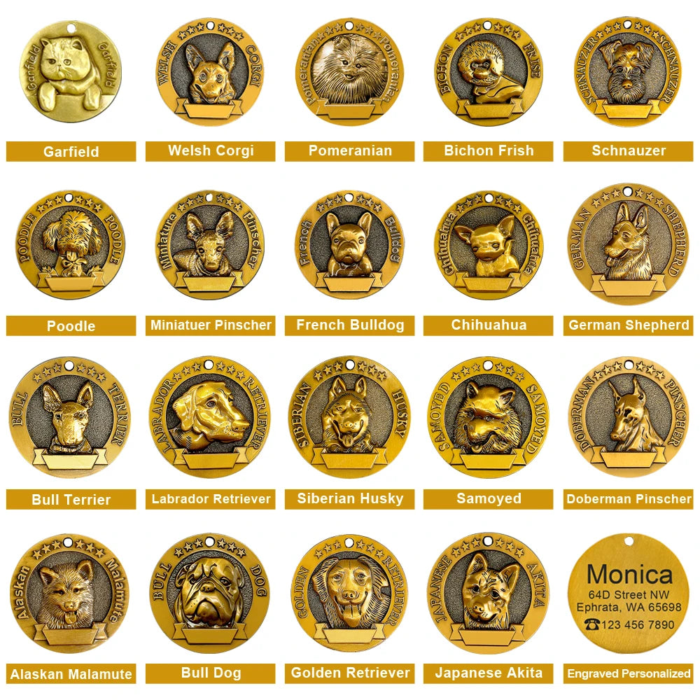 Personalized Dog ID Tag Customizable Copper Coated Various Dog Breeds