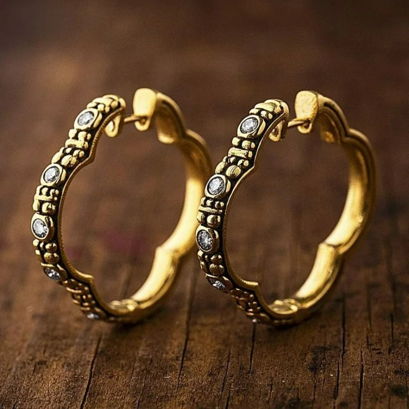 Clover Hoop Earrings with Cubic Zirconia & Antique Detail Design