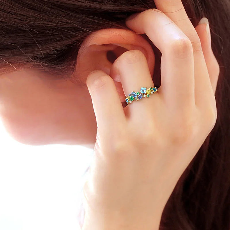Nature Inspired Blue/Green/Clear Cubic Zirconia Brass Fashion Ring