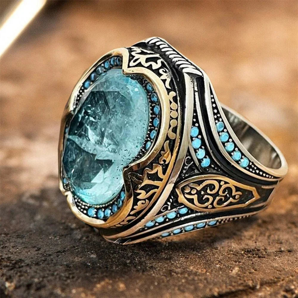 Turkish Large Blue Zircon Stone Zinc Alloy Two Tone Pattern Ring