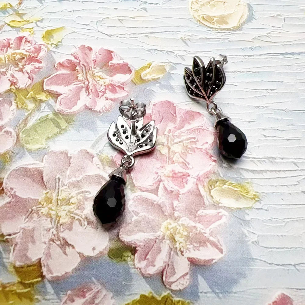 Black Flame Water Drop Earrings in 925 Sterling Silver with Zircons