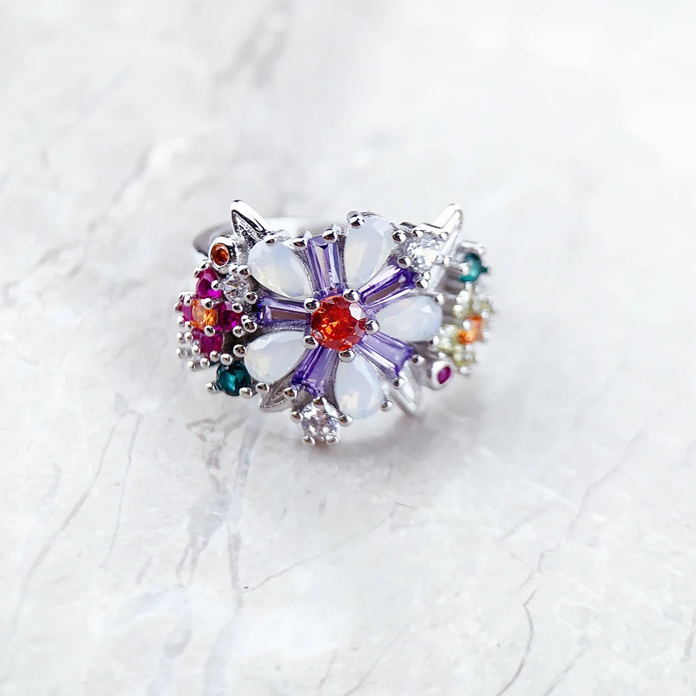 Daisy Flower Colorful Zircon Cocktail Ring in 925 Sterling Silver
