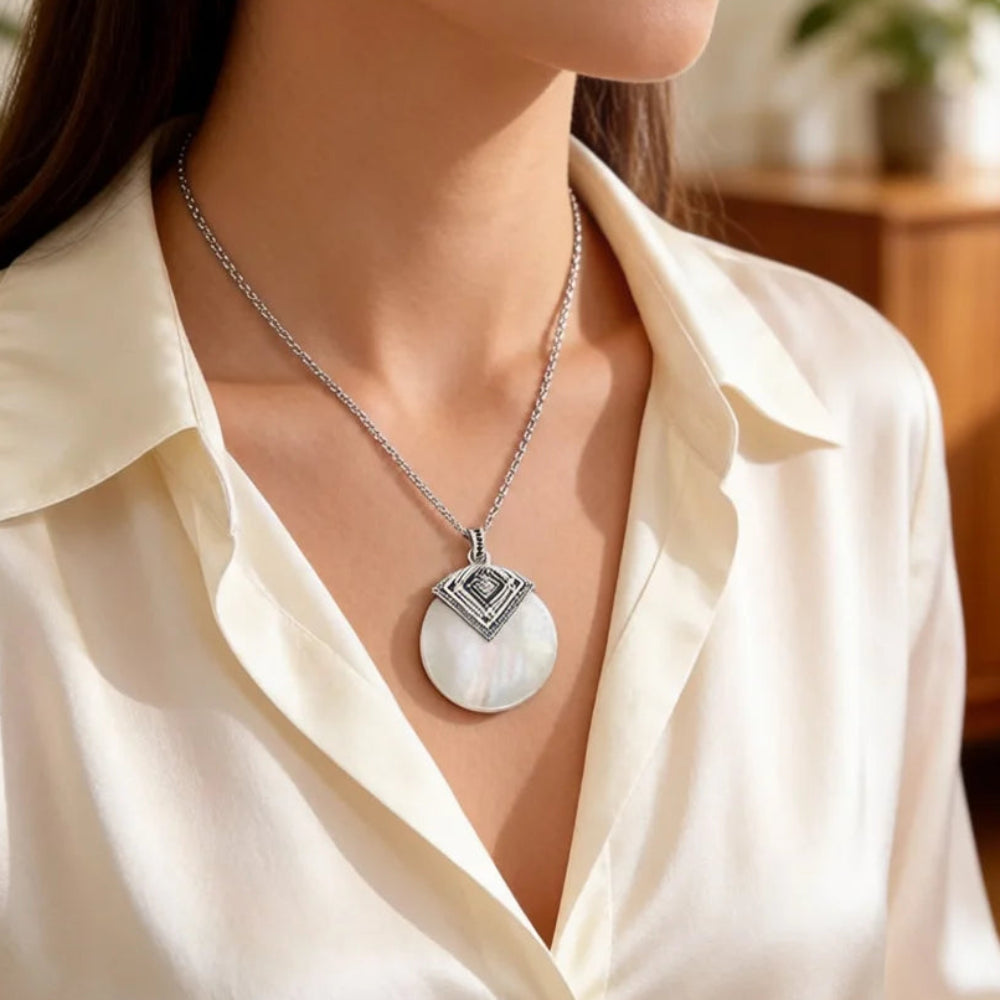 Large Mother of Pearl Disk Pendant in 925 Sterling Silver