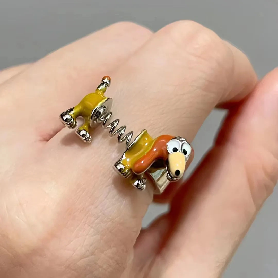 Spring Dog Ring in Zinc Alloy - Adjustable, Cartoon Dog, Orange