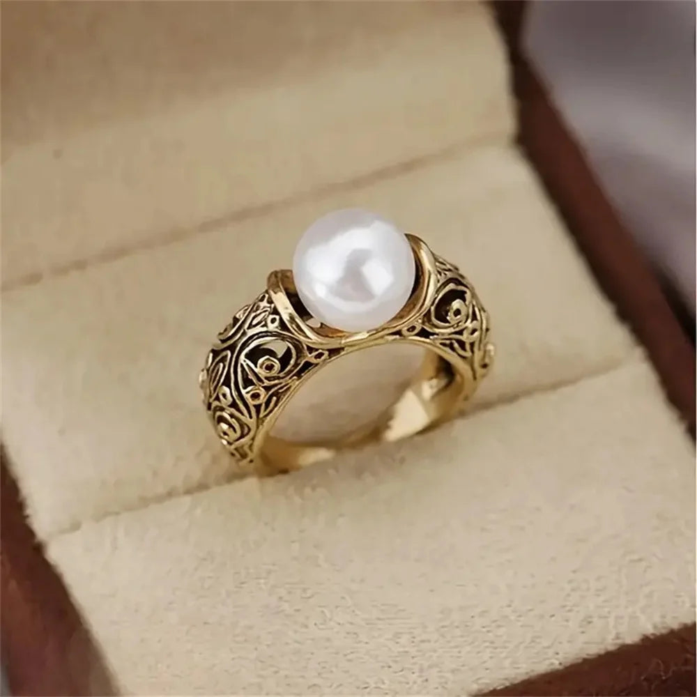 Vintage Inspired Faux White Pearl Two-Tone Ring with Cubic Zirconia & Zinc Alloy