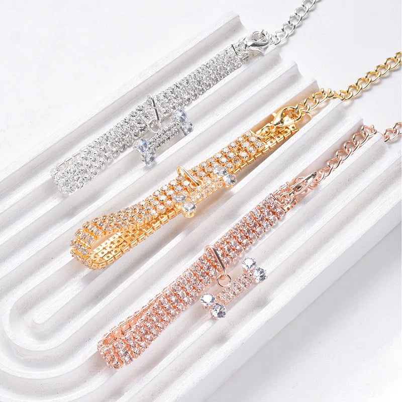 Adjustable Pet Necklace with Rhinestones & Bone Copper Pendant