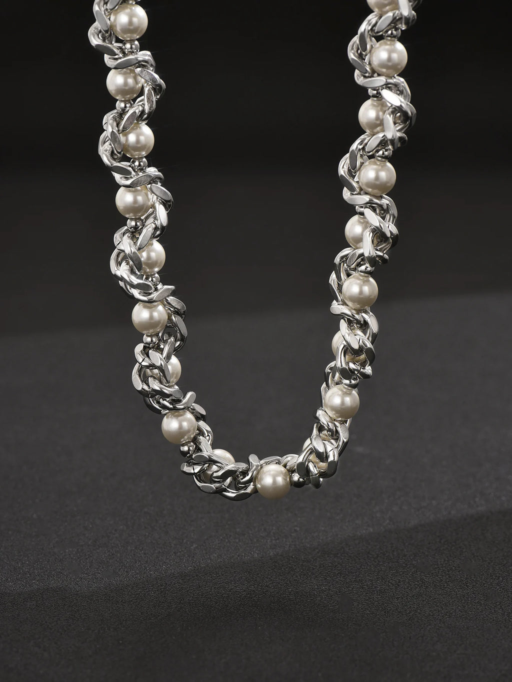 Punk Stainless Steel Thick Chain Pearl Choker Necklace Unisex