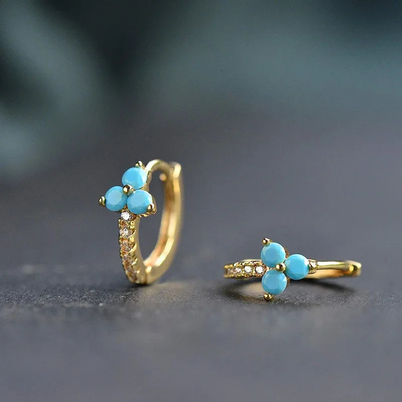 Dainty Hoop 3 Petals Turquoise Flower Alloy Earrings