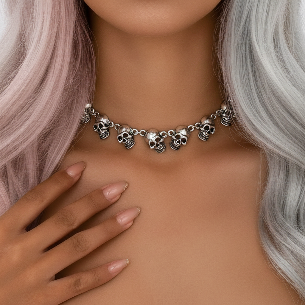 Gothic Style Multiple Skull Connected Choker Zink Alloy Necklace