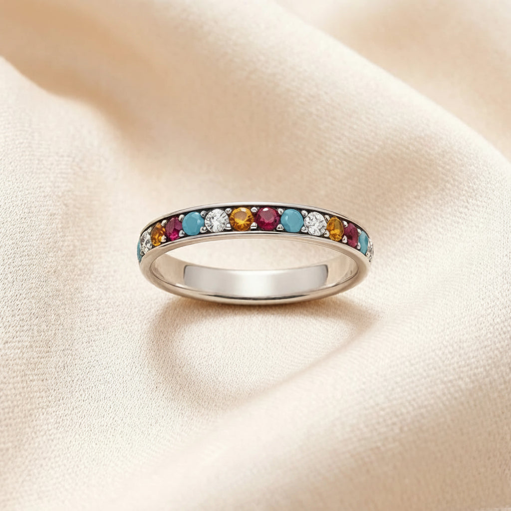 Channel Band Ring in 925 Sterling Silver with Colorful Zircons