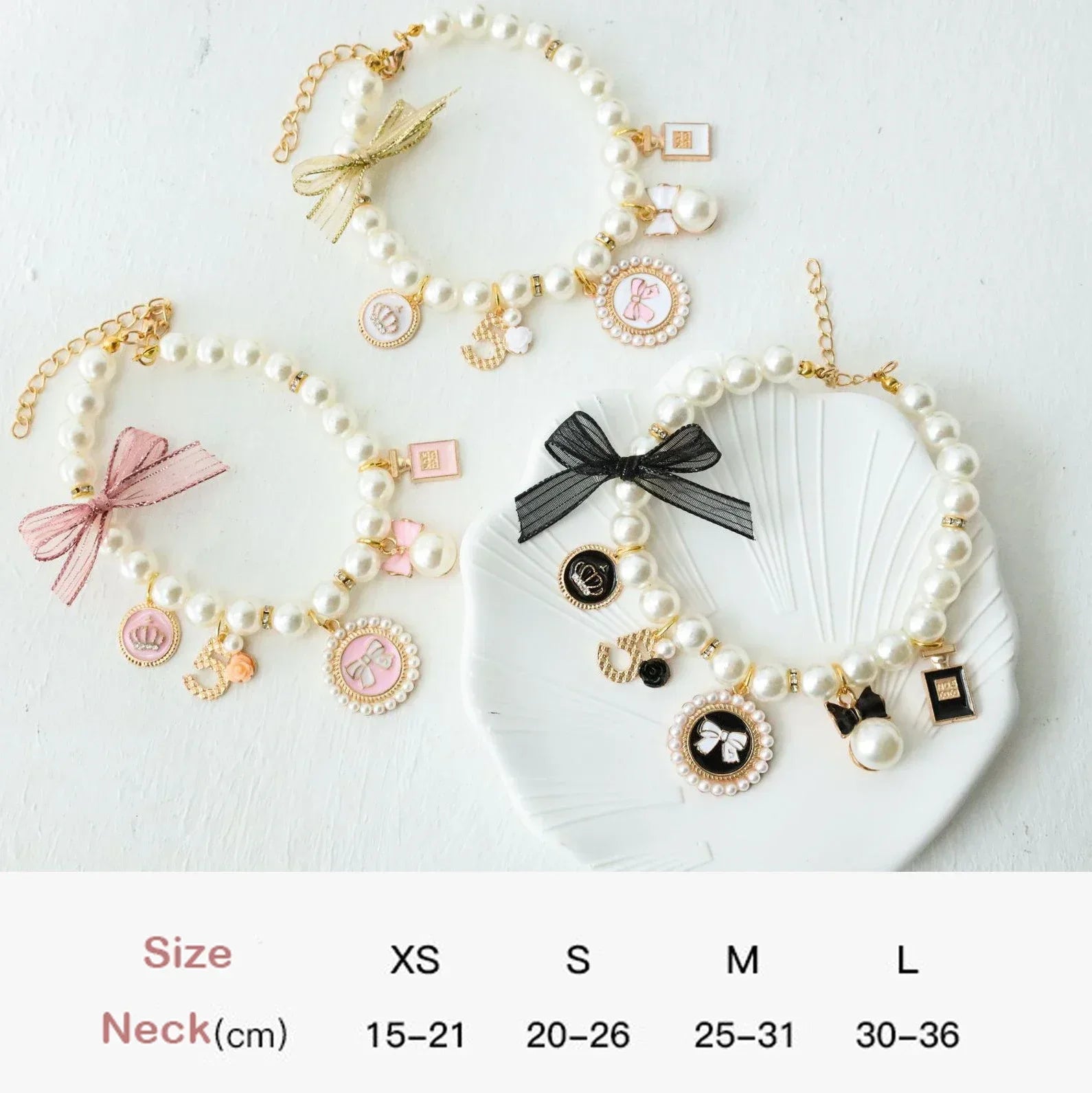 Pet Bow Pearl Necklace with Charms - Rhinestones, Faux Pearl, Princess