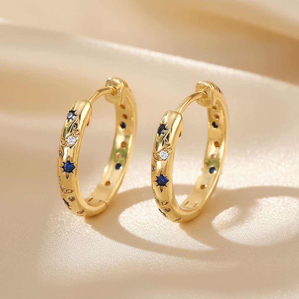 Gold Tone Copper Alloy Hoop Earrings with Blue Zircons