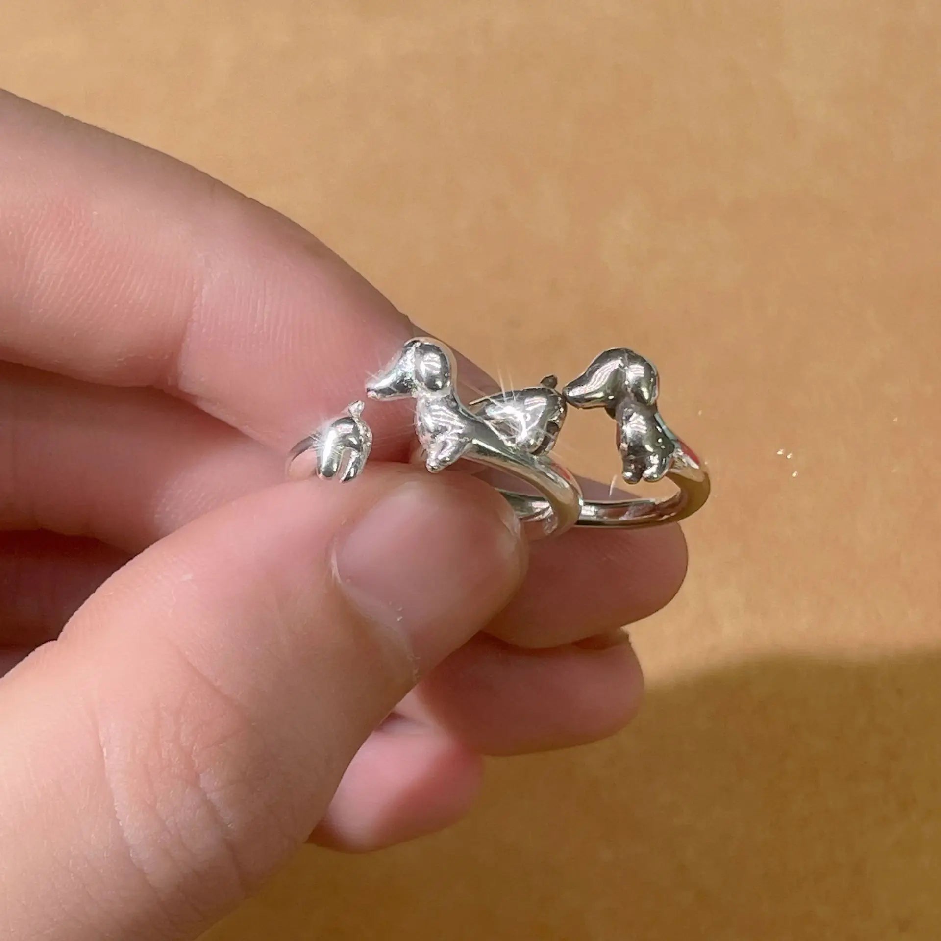 Silver Plated Copper Dachshund Sausage Dog Adjustable Ring