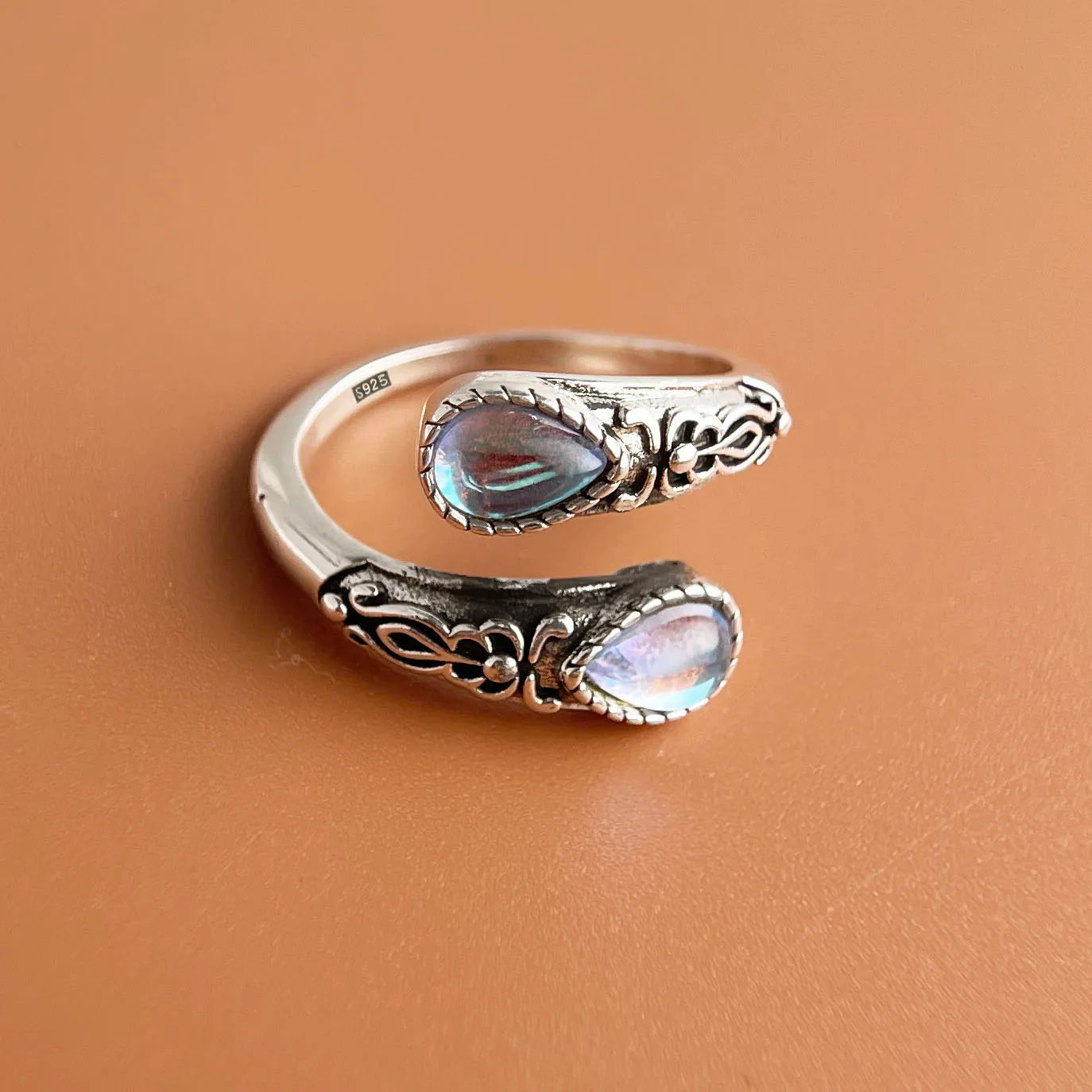925 Sterling Silver Adjustable Blue Stone Flower Ring