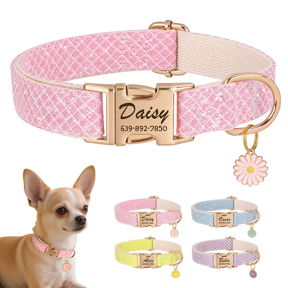 Nylon Dog Collar with Cute Flower Tag - Customize, Engrave, Name Tag, ID Necklace