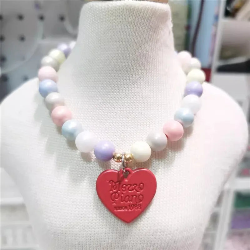 Customizable Heart Alloy Pendant Colorful Resin Bead Necklace for Cats & Dogs - Name Tag