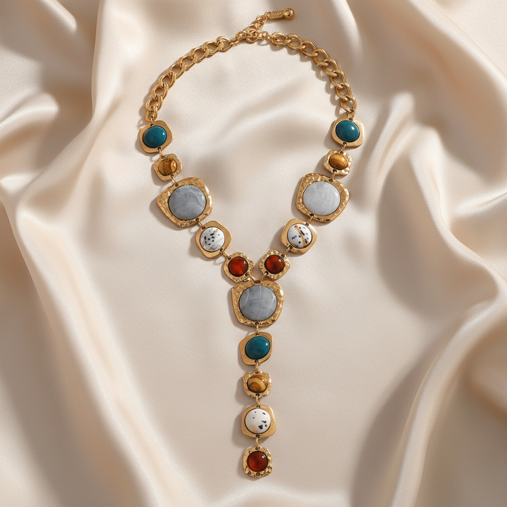 Bold Statement Resin Stone Zinc Alloy Necklace - Oversized, Multicolor, Boho, Trendy