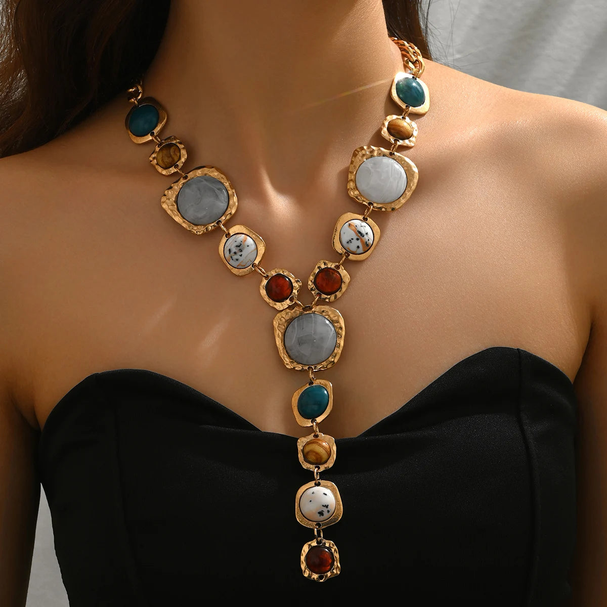 Bold Statement Resin Stone Zinc Alloy Necklace - Oversized, Multicolor, Boho, Trendy