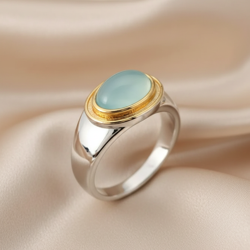 Two Tone Soft Green Stone Copper Cocktail Ring