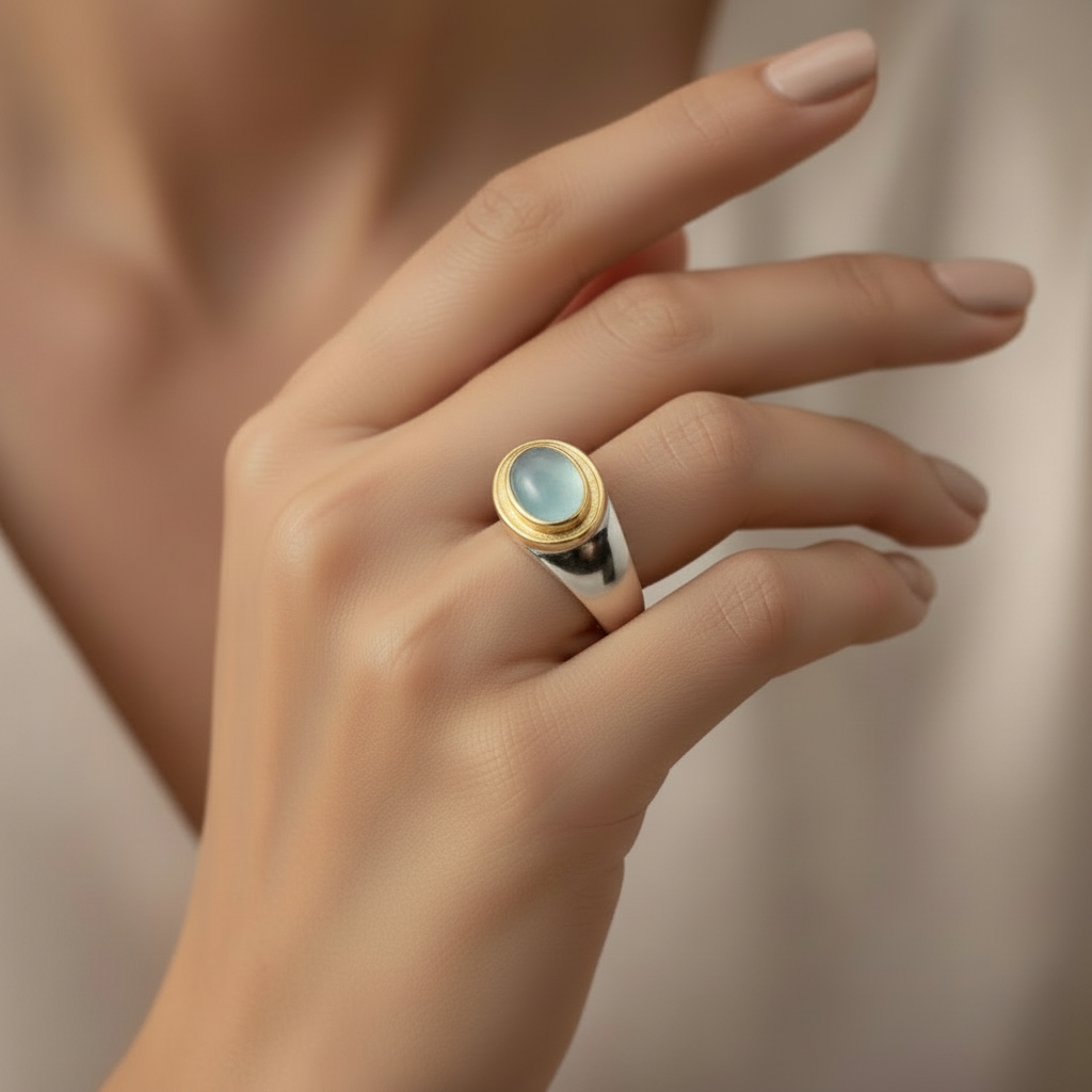 Two Tone Soft Green Stone Copper Cocktail Ring