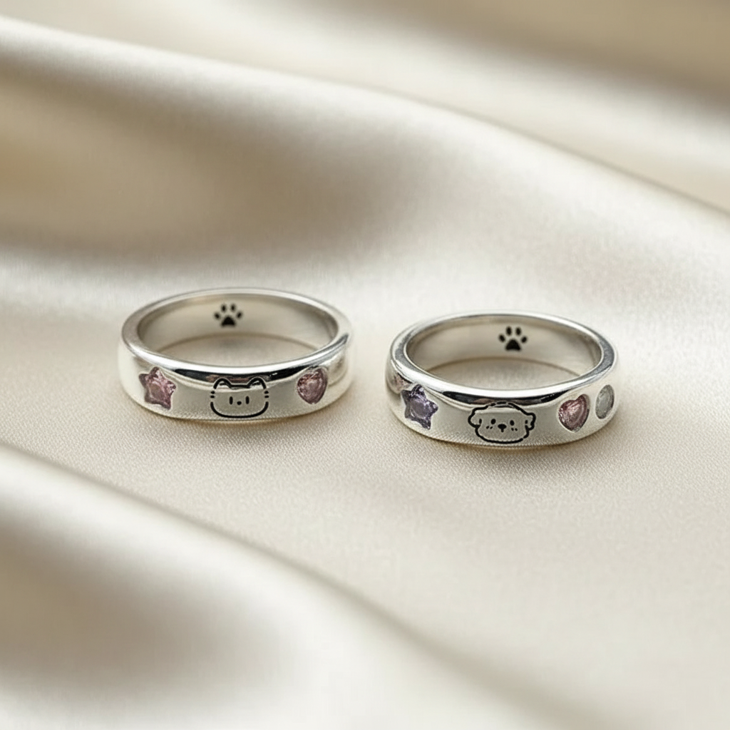 Cat & Dog Ring with Pink CZ Heart & Star - Buy a Set or Choose One, Made of Zink Alloy, Adjustable Size