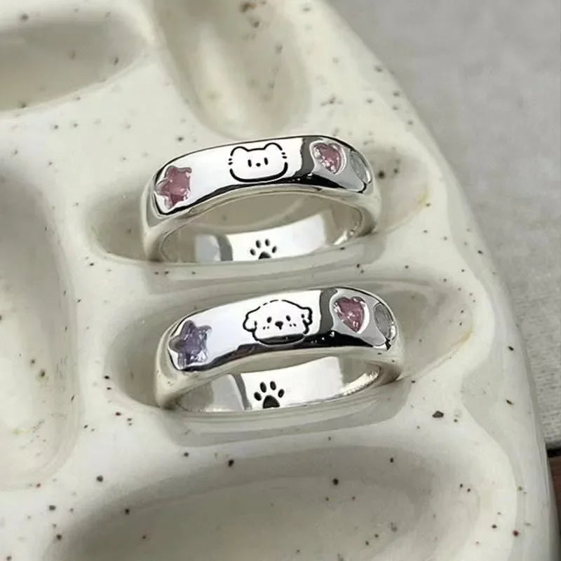 Cat & Dog Rings with Pink CZ Heart & Star - Buy a Set or Choose One, Made of Zink Alloy, Adjustable Size