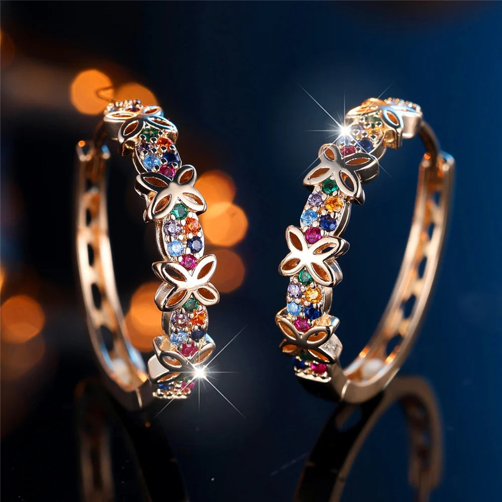 Flower Hoop Earrings in Copper Alloy with Cubic Zirconia Stones