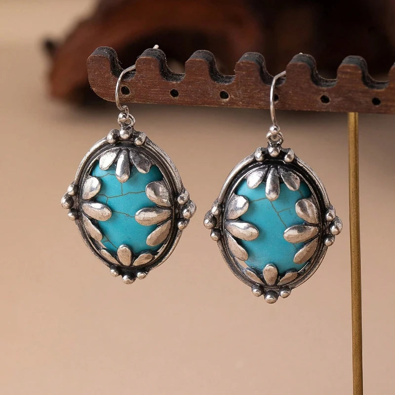 Bohemian Oval Flower Large Turquoise Drop Alloy Earrings