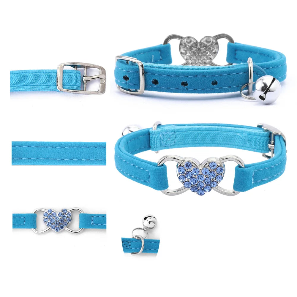 Velvet Cat & Dog Collar with Rhinestones Heart & Bell - Adjustable, 1 cm Wide, Adorable