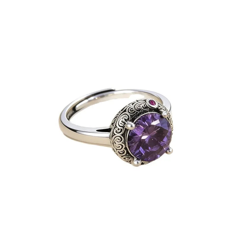 925 Sterling Silver Large Purple CZ Stone Adjustable Ring