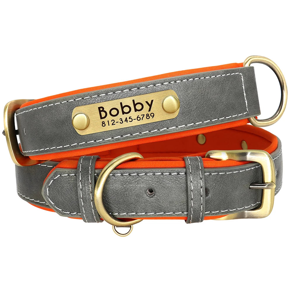 Quality Faux Leather Dog Collar Leash Set - Customize, Engrave, Name Tag