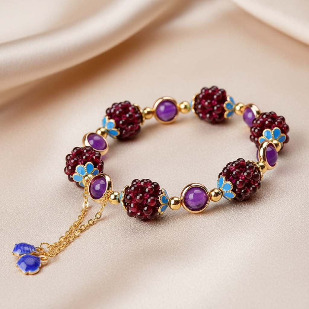 Pomegranate Fruit Blue Flower Tianhe Stone Beaded Strand Bracelet - Nature Inspired Unique