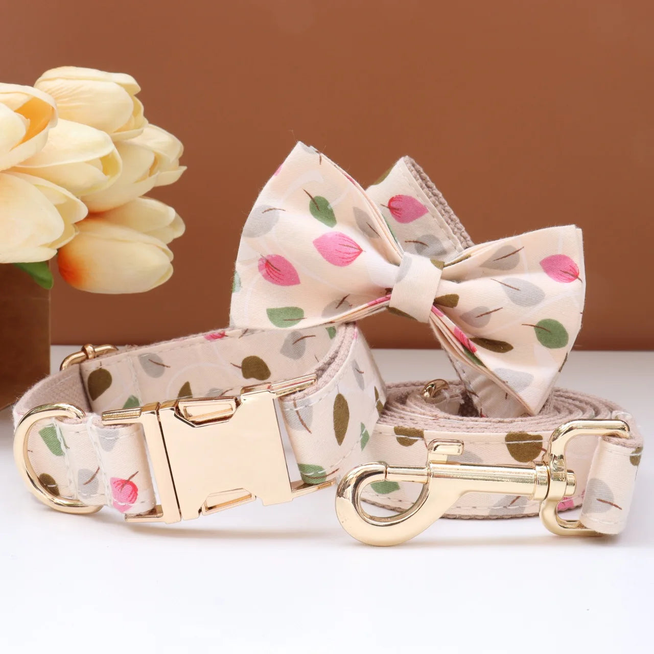 Elegant Fabric Customizable Dog Collar Set - Name Tag, Zinc Alloy Setting, Girly