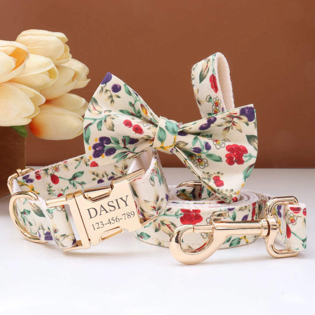 Elegant Fabric Customizable Dog Collar Set - Name Tag, Zinc Alloy Setting, Girly