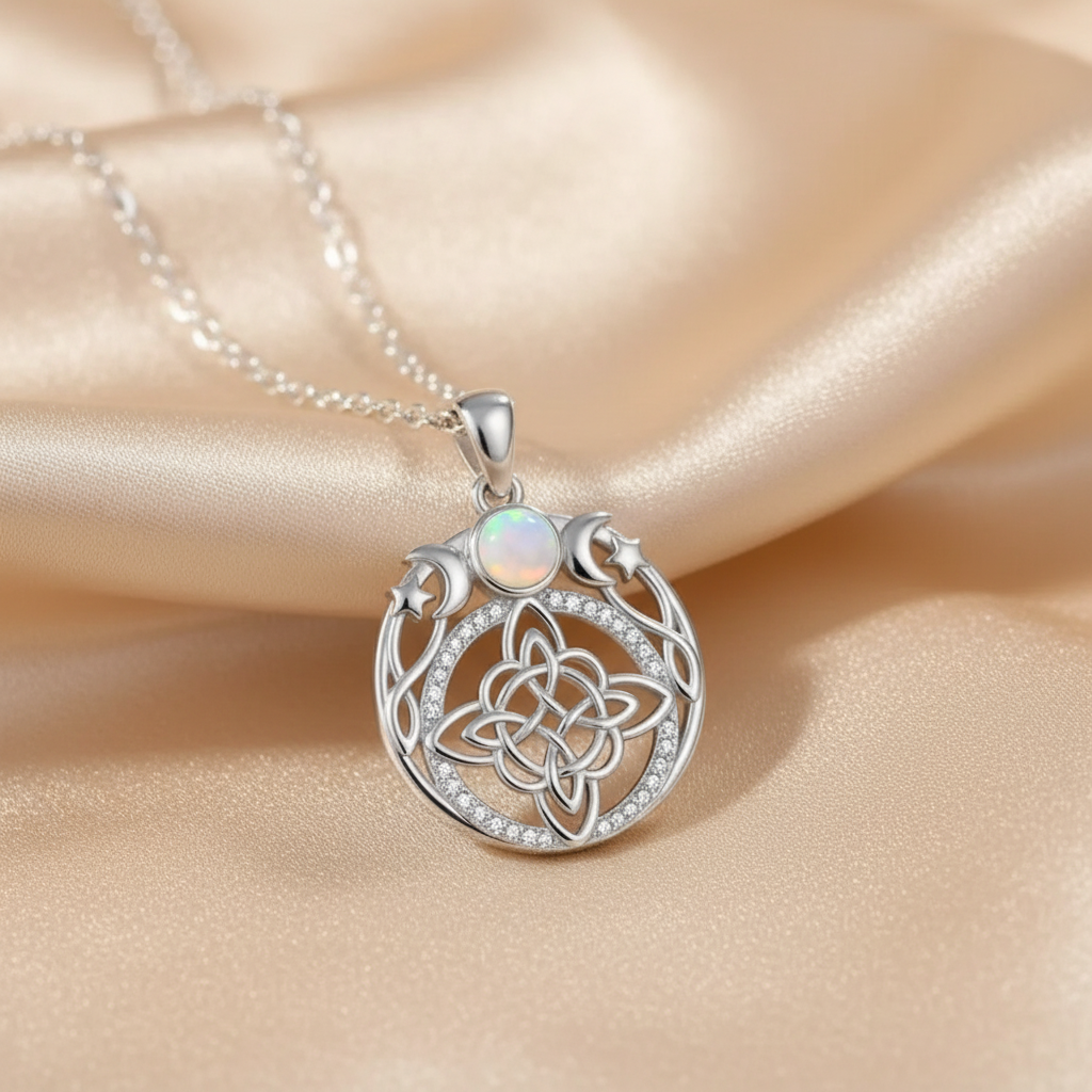 Triple Moon Goddess Opal Witch Knot Necklace