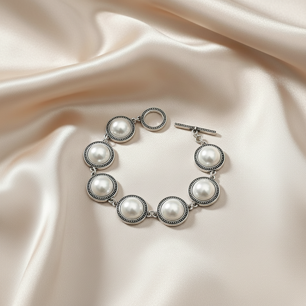 Large Round Faux Pearl Zinc Alloy Bracelet - Boho Style Bold Adjustable