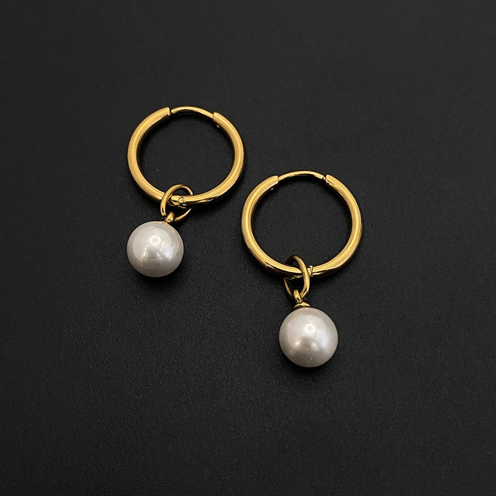 14K Gold-Plated Stainless-Steel Hoop Earrings with Faux Pearls