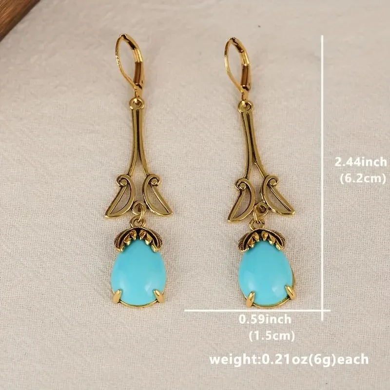 Vintage Inspired Turquoise Golden Water Drop Resin Alloy Earrings
