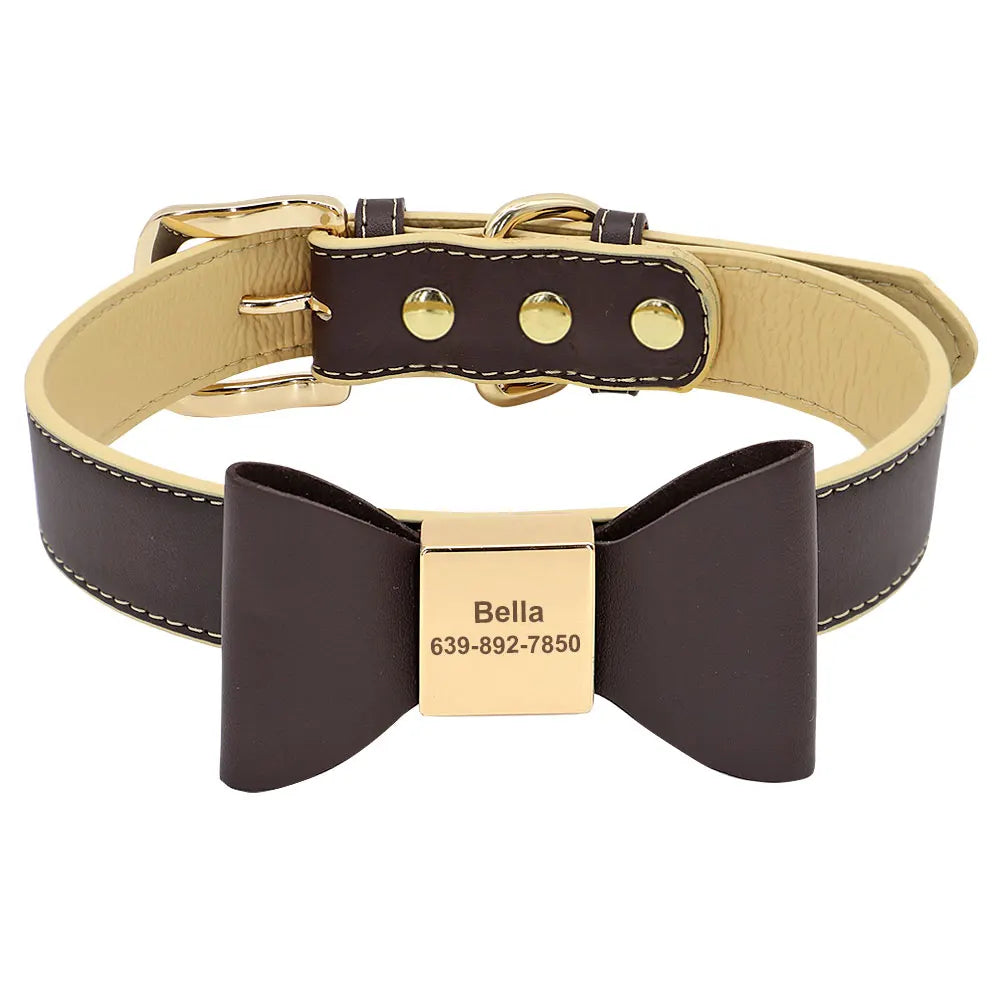 Personalized Dog Name Bow Tie Collar in Soft PU Leather - Very Stylish!
