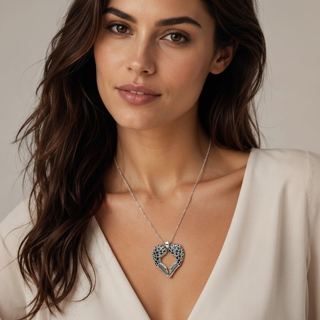 Wings Heart Pendant in 925 Sterling Silver with Black Zircons